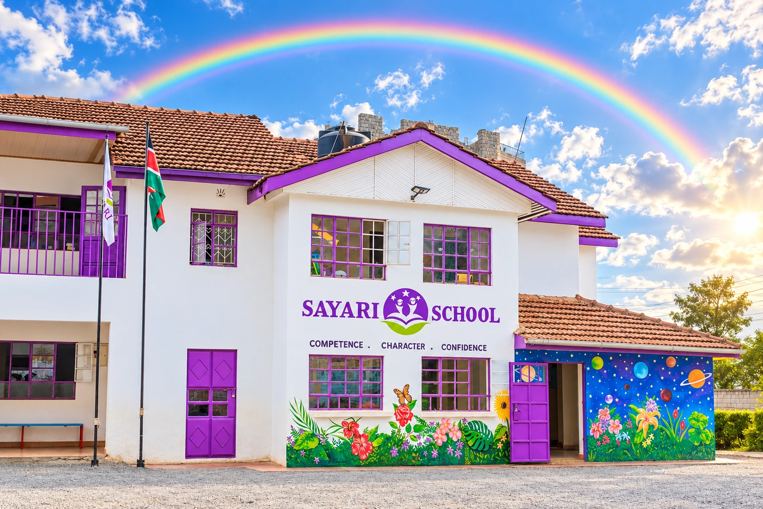 Enhanced photograph of Sayari Rainbow Campus admin block with a rainbow above the roof